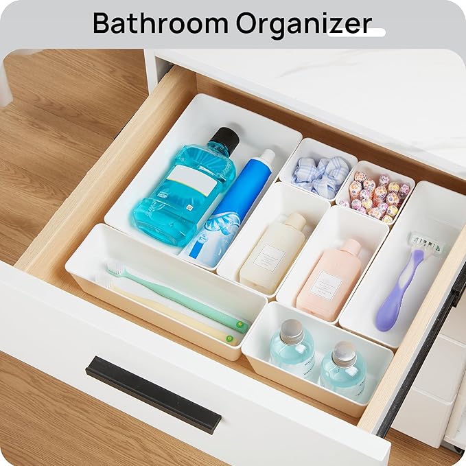 Vtopmart 44 PCS Plastic Drawer Organizers Set, 4-Size Versatile Bathroom and Vanity Organizer Trays, Non-Slip Storage Containers for Makeup, Jewelries, Bedroom，Kitchen Utensils and Office, White