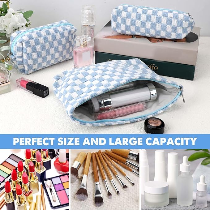 3 Pcs Makeup Bag Cosmetic Bag Set for Girls Women Checkered Travel Organizer Bathroom Toiletry Pouch Large Capacity Storage Bag (Blue-White)