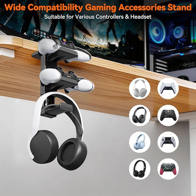 Headphone Stand & Under Desk Controller Holder with Adjustable Clamp, Controller Stand & Headset hanger for Desk Mount with 360° Rotating Hook & Cable Organizer 3-in-1 Game Organizer, 3 Hooks