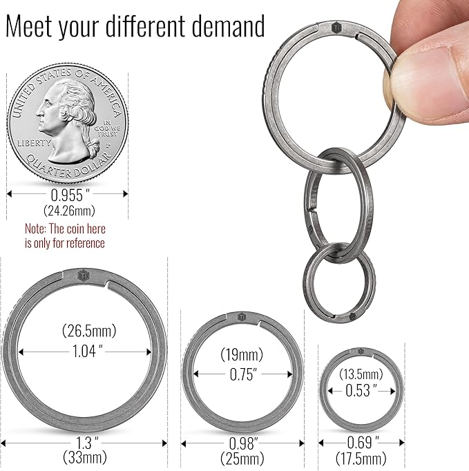 KeyUnity Titanium Flat Key Rings, 33/25/17.5mm Side Pushing Split Ring for Key Carabiner Flashlight Knife Dog ID Collar Tag