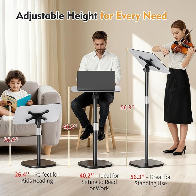 Floor Book Stand - Height Adjustable 26.4-56.3" Reading Holder with Page Clips, 180° Tilting Aluminum Panel for Heavy Books, Sheet Music, Laptops & Projectors - Portable Podium Stand