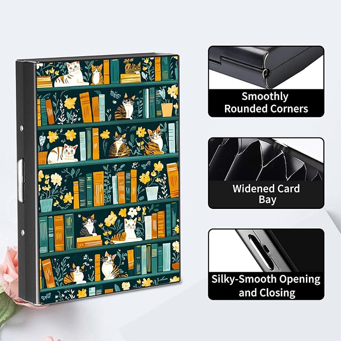 RFID Metal Wallet Credit Cards Holder Slim Mini Business Card Holder Metal ID Case Gift for Men Women,Bookshelves Cats
