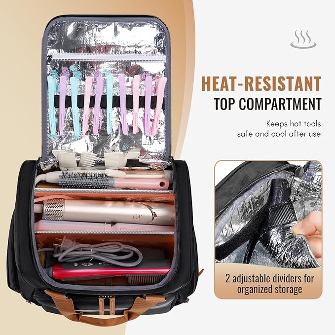 Mancro Hairstylist Travel Bag, 2-Layer Cosmetology Bag with 3 Separate Pouches and 2 Side Pockets, Professional Barber Bag Backpack with Adjustable Dividers for Cosmetology Supplies,Black