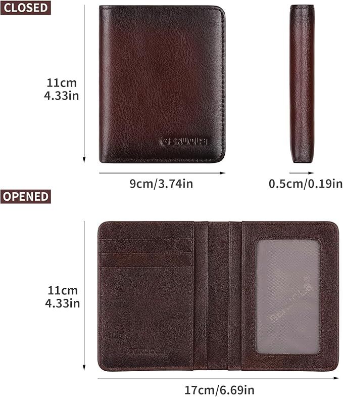 Bifold Slim Men Wallet Genuine Leather Thin, Small Vertical RFID Blocking Wallets for Men ，Compact & Stylish with Clear ID Windows (Coffee)