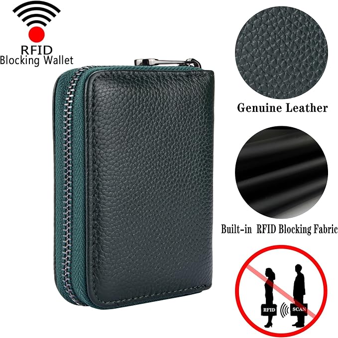 Suweibuke Genuine Leather Credit Card Holder Zipper Wallet RFID Blocking Secure Card Case ID Case Organizer (Black Green)