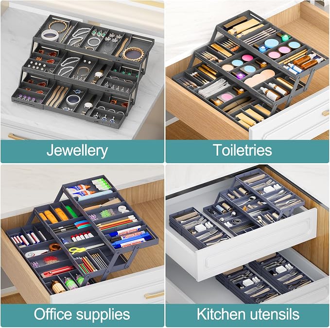 Meqtpomy Multi Level Smart Drawer Organizer – 3 Tier Expandable Drawer Organizer – Jewelry, Junk, Makeup, Silverware Storage Organizer – Perfect for Kitchen, Desk, Medicine Cabinet & More（SMALL）