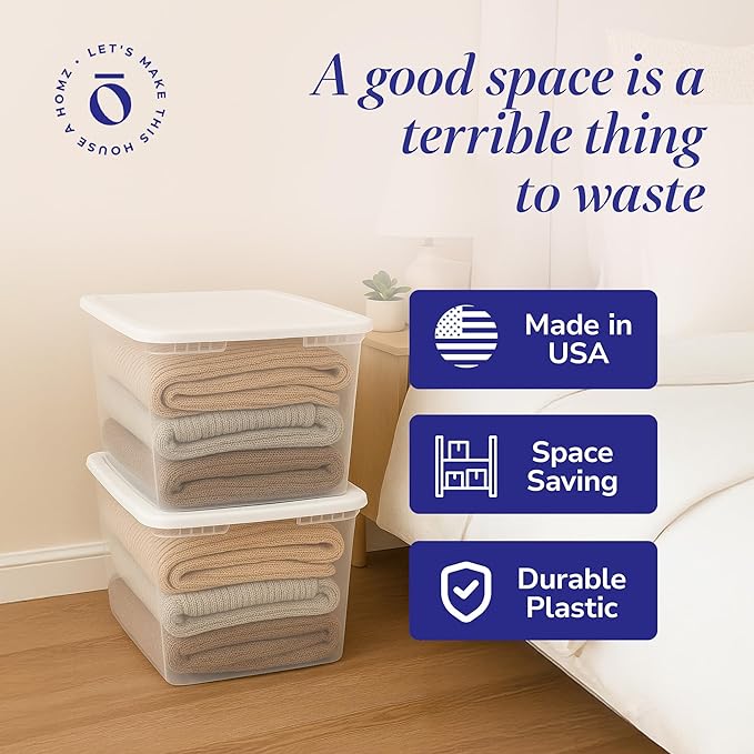 HOMZ 2-Pack Snaplock, Large Clear Plastic Storage Organizer Bins w/Lids, 56 Quart, Blue - Stackable Container Boxes for Bedroom, Bathroom, Garage, and Office Organization