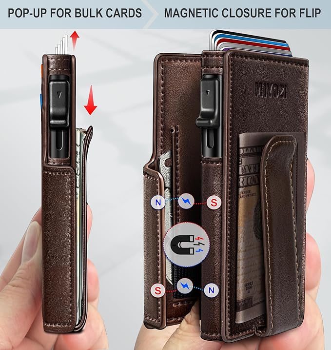 miyozi Wallet for Men with Money Clip Coins Pocket ID Window Gift Boxed,Slim Smart Front Pocket RFID Blocking Wallet Pop-up Card Holder in Magnetic Leather Flip 3.9"x 2.7"