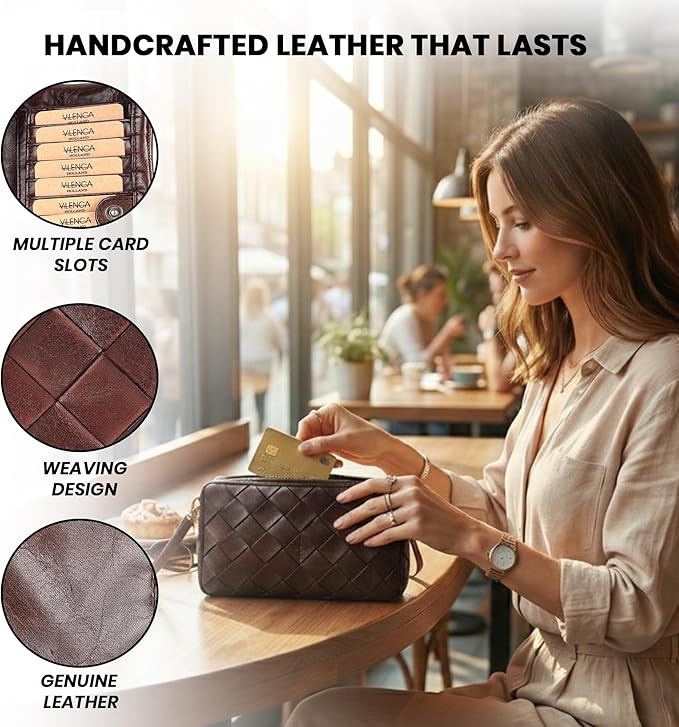 Genuine Leather Wallets for Women, Small Wallet for Ladies Zipper Coin Purse Credit Card Holder with Strap (VL-167-BROWN)