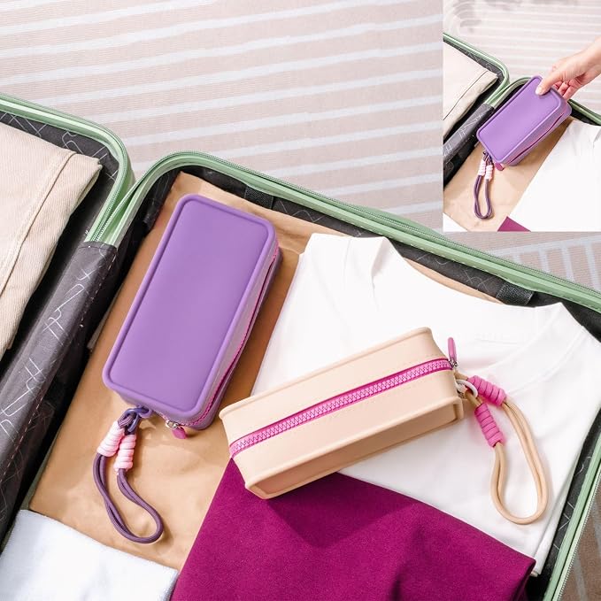 Travistar Silicone Travel Makeup Bag - Small Make Up Pouch Portable Cosmetic Bag Travel Makeup Organizer Bag Waterproof Toiletry Bag Womens Brush Holder Bag with Zipper Closure Small Size Purple