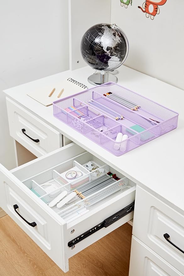 Annova Desk Top Organizer Tray for Office Organization - Metal Mesh - Storage Tray with Dividers for Pens, Desktop Accessories, Bathroom, Kitchen, Makeup and Office Supplies (Large, Purple)