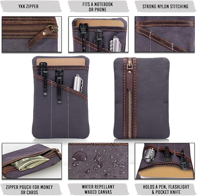 Waxed Canvas EDC Pocket Organizer for Men - Multi-Tool Back Pocket Pouch for Phone/Notebook, Pen, & EDC Gear - Water-Repellent Leather Tool Pouch, Sizes: 6” x 4” & 7” x 5”