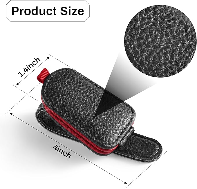 SINGARO Sunglasses Holder for Car, Leather Magnetic Buckle Sun Visor Sunglass Clip, Ticket Card Storage Glasses Clip, Car Interior Accessories for Men and Women（2PCS Black-red）