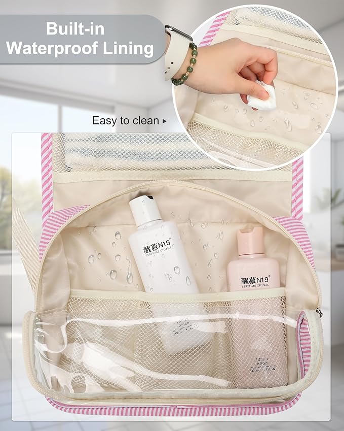 Relavel Hanging Toiletry Bag for Women, Large Makeup Travel Bag with Separate Compartment, Water Resistant Toiletries Bag for Travel Accessories, Portable Bathroom Bag for Trip Camping- Pink Strip