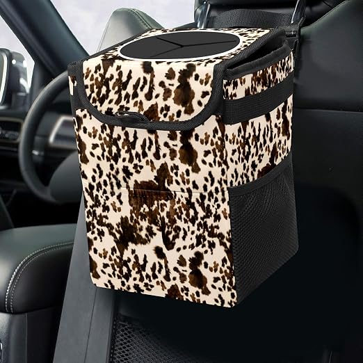 Brown Western Cow Print Car Trash Can with Lid - Collapsible Reusable Waterproof Automotive Garbage Can
