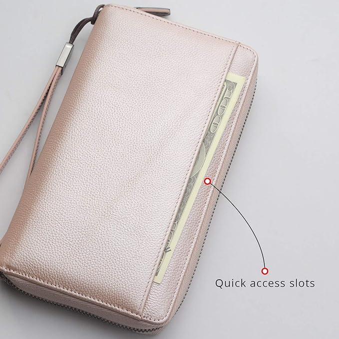 Travel Document Organizer RFID Blocking Leather Multiple Passport Wallet Family Holder Id Wrist Strap(Rose Gold)