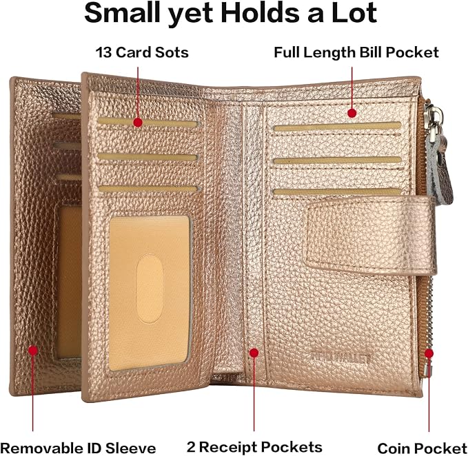 Lavemi Small Compact Women Wallet RFID Blocking Genuine Leather Bifold Purse with ID Windows