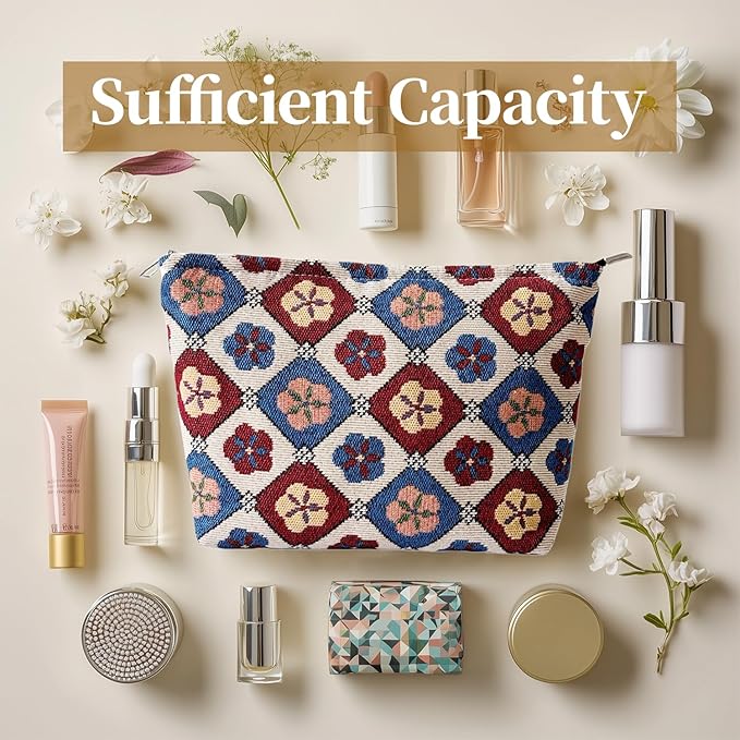itgowisa Vintage Floral Cosmetic Bag for Women, Makeup Pouch for Purse, Elegant Toiletry Organizer for Mature Ladies & Moms, Classic Pattern, Small Travel Zipper Bag
