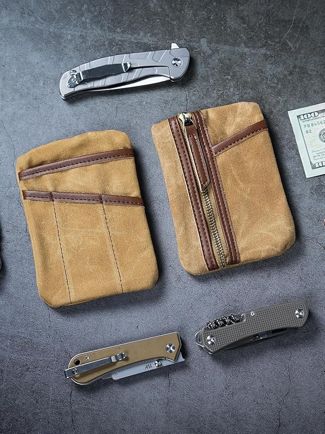 Sayram SP6 EDC Pouch, Waxed Canvas Compact Pocket Organizer, EDC Pocket Pouch for Men, Zippered Pocket Pouch, Mini EDC Organizer for Everyday Carry, Multitool Organizer Pouch (Oil Wax Brown)