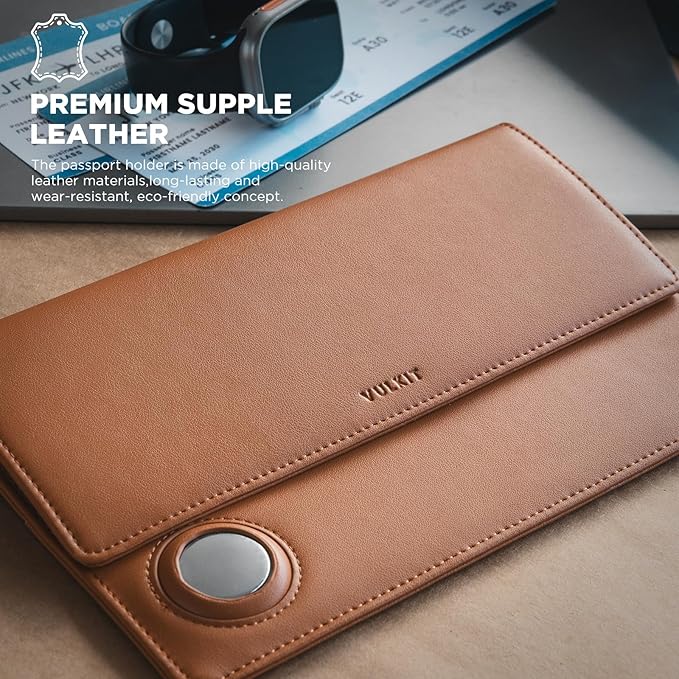 VULKIT Family Passport Holder for 4 Leather Passport Wallet with Airtag Slot Multiple Passport Holder RFID Blocking Bifold Travel Documents Organizer