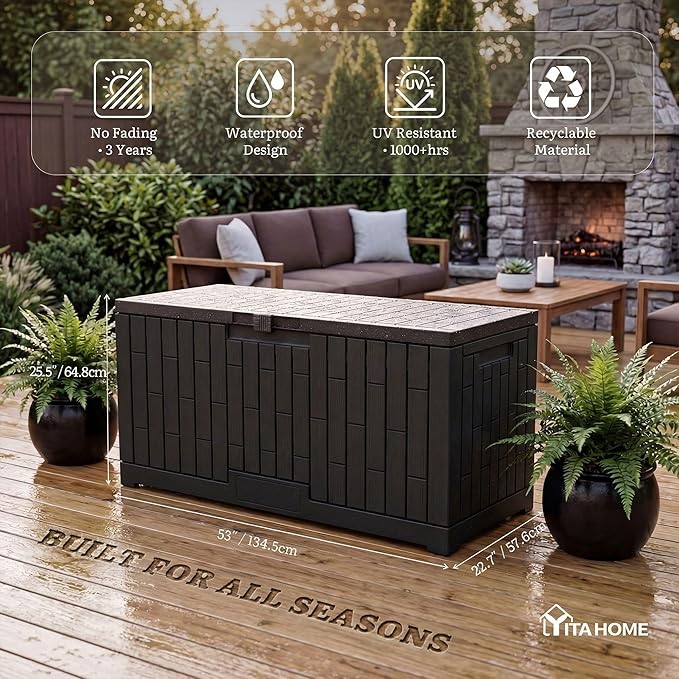YITAHOME 120 Gallon Outdoor Storage Deck Box, Large Resin Patio Storage Box with Slide-Locking Lid, 53"L 2-Person Bench Seat for Outdoor Pillows, Garden Tools & Pool-Supplies, Waterproof (Black)