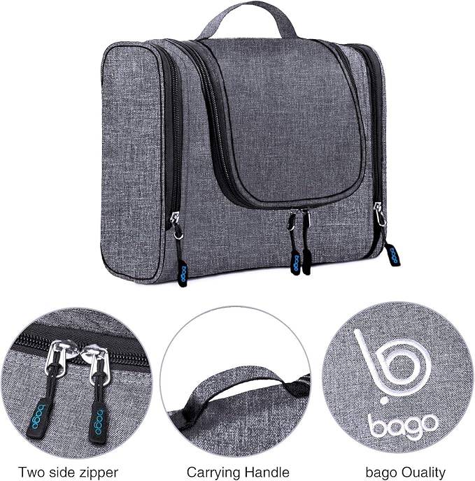 Bago Travel Toiletry Bag for Women and Men - Large Waterproof Hanging Toiletry Bag for Bathroom and Travel Bag for Toiletries Organizer (Snow Black)