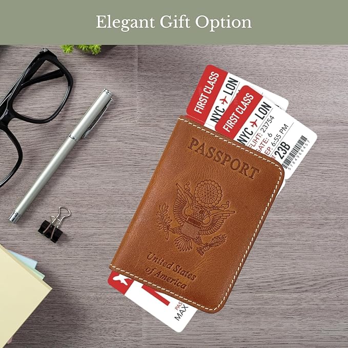 Passport Holder for Travel | Premium Leather Passport Cover & Protector | Stylish Travel Document Organizer with Embossed US Seal | Unisex Case with Slots for Cards & Boarding Passes - Brown