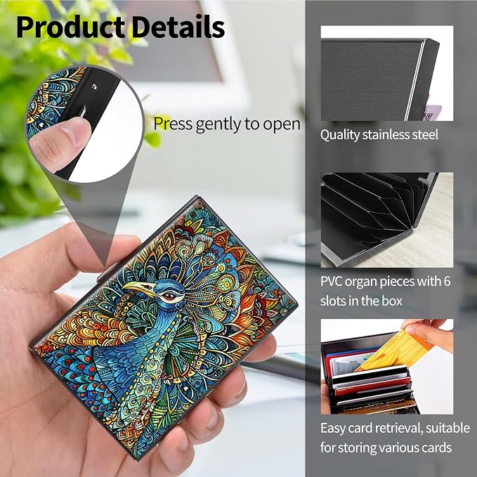 Metal Wallet for Women Men Girls, RFID Blocking Slim Aluminum Credit Card Holder, Mini Travel Wallet with Hard Shell, Lightweight ID & Business Card Case,Art Peacock