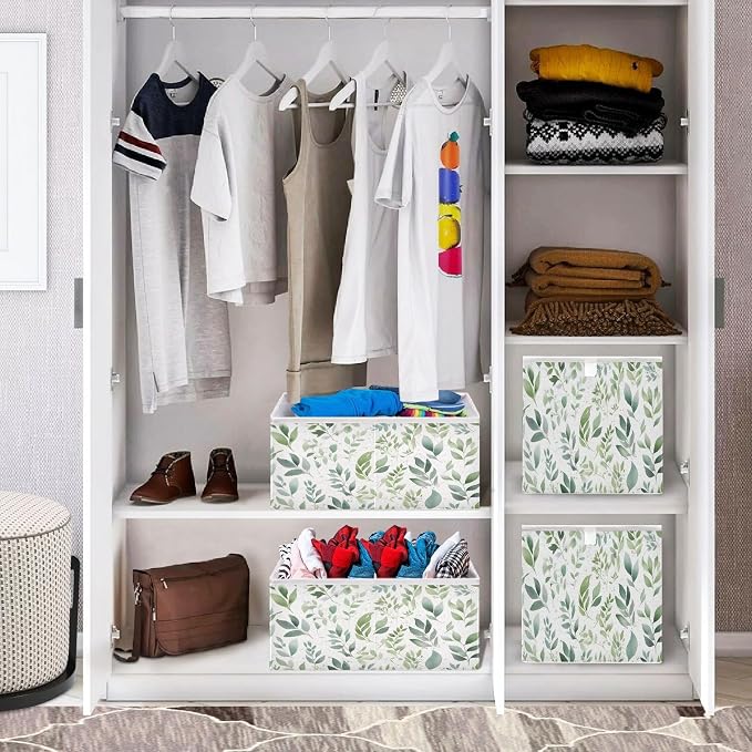 Sage Green Storage Baskets, 15.75x10.63x6.96 inch Foldable Decorative Fabric Storage Bins, Closet Organizer for Shelves, Clothes, Books & Bedroom Organization