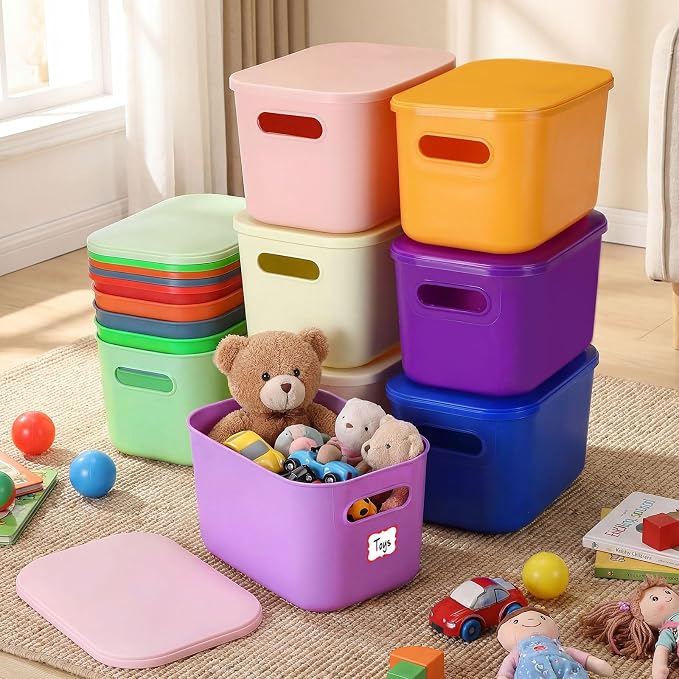 Thyle 24 Pack Richly Colorful Plastic Storage Bins with Lids 7 Quart Toy Storage Box Stackable Nestable Organizer Boxes with Handle and Labels for Classroom Shelf Bedroom Desktop Toys School Supplies