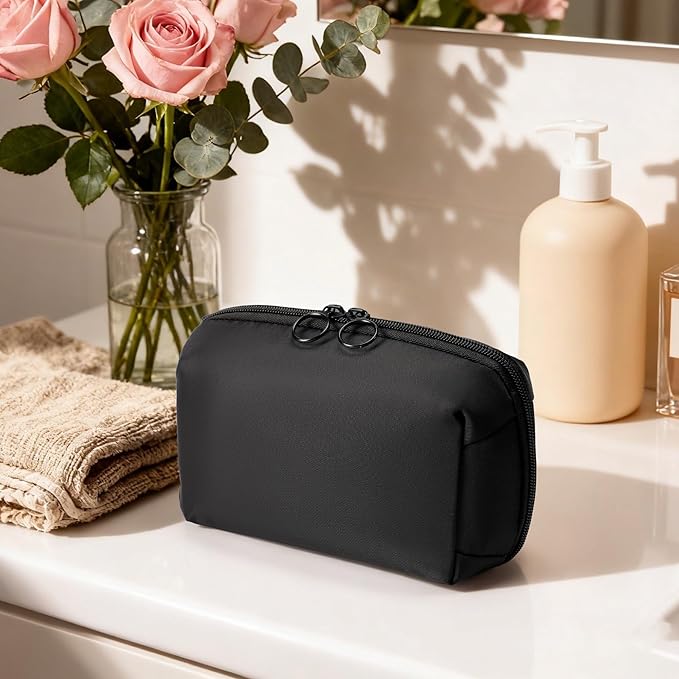 Fabric Cosmetic Bag with Multi-Compartments - Machine Washable Makeup Organizer, Water-Resistant Travel Toiletry Pouch, Lightweight Portable Beauty Bag for Purse Black