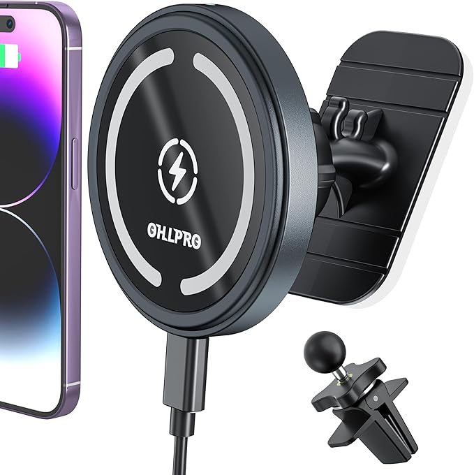 OHLPRO for MagSafe Car Mount Charger iPhone Wireless Car Charger, Stick on Dashboard Magnetic Phone Holder Mount for iPhone 17 Pro Max 16 15 14 Series, 15W Fast Charging, Aluminum Shell