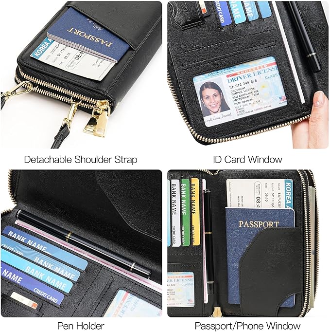 GOIACII Passport Wallet Travel Crossbody Bags for Women Wristlet Phone Purse Double Zip Vegan Leather Black