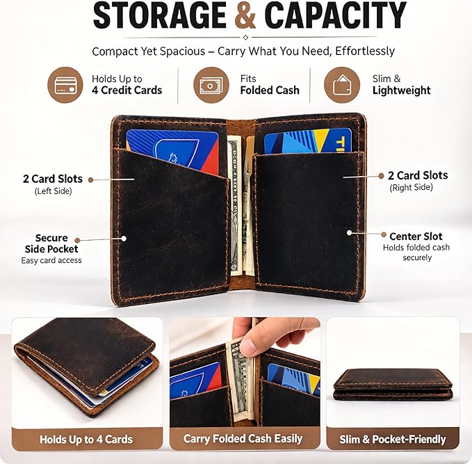 Credit Card Case Holder, Genuine Leather Bifold Wallet for Men and Women, Slim Minimalist Front Pocket Card Holder for Credit and Debit Cards, 4x3 Inches, Brown