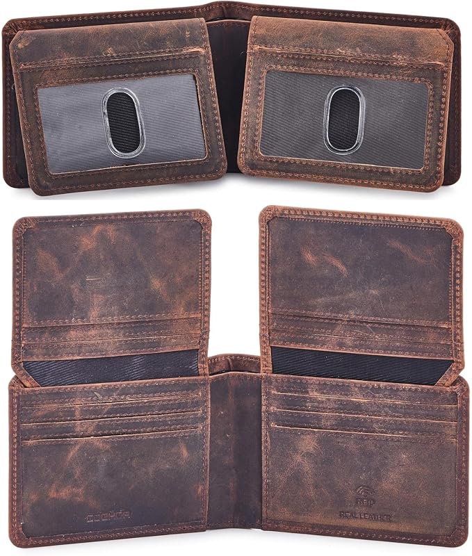 Cochoa Wallet for Men Bifold Leather RFID Blocking High Capacity Slim Card Case with 2 ID Window for Gift (Crazy Horse, Cognac)