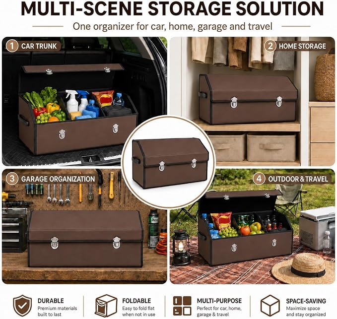 Car Trunk Organizer with Lid, Foldable Faux Leather Storage Box | Foldable design, faux leather exterior, 3 compartments