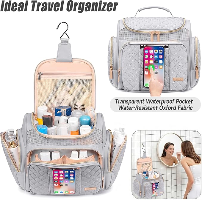 Tealari Large Toiletry Bag for Women Men,Bathroom Bag,Water Resistant Shower Bag,Makeup Bag,Portable Shower Caddy for College Dorm,Hanging Travel Toiletry Bag with Transparent Waterproof Phone Pocket