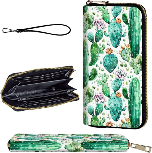 Wallet,Leather Long Wallet Suitable For Ladies And Teenagers - Detachable Wristband + RFID Travel Wallet With Card Slot - Cute Cactus