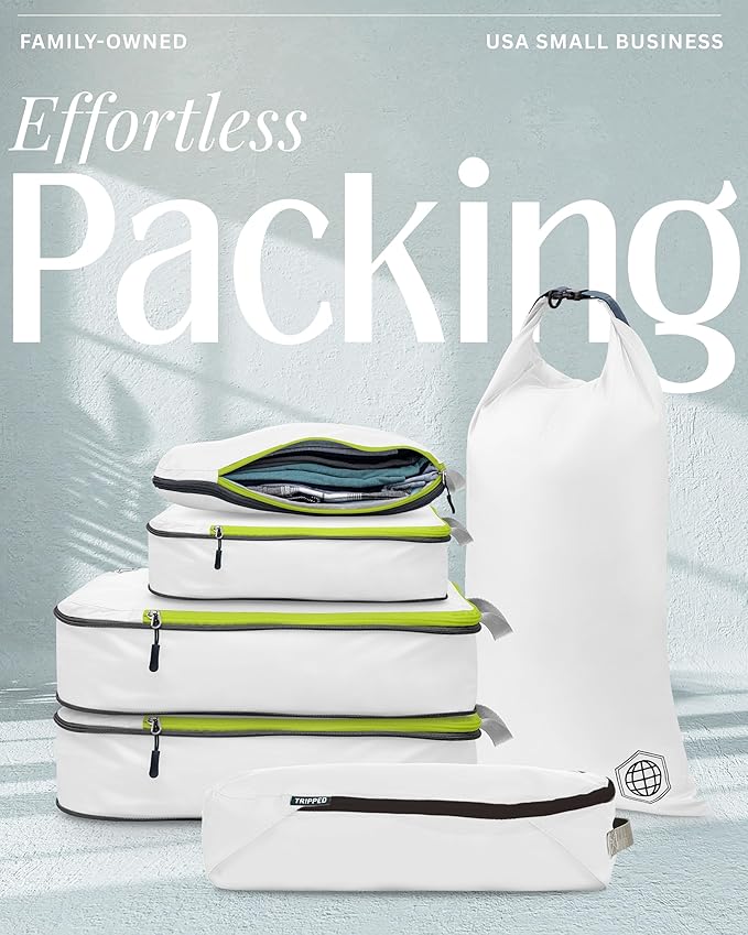 Compression Packing Cubes for Travel, 6-Piece Lightweight Packing Cubes Set for Carry-On Luggage & Backpacks – TRIPPED Travel Gear (White and Green)