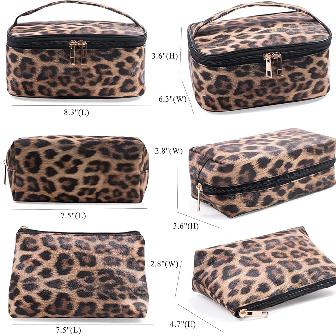 FITINI Leopard Makeup Bag 3 Pack Travel Toiletry Bag Portable Cheetah Printed Women Cosmetic Pouch Organizer with Zipper Waterproof Storage Case for Girls