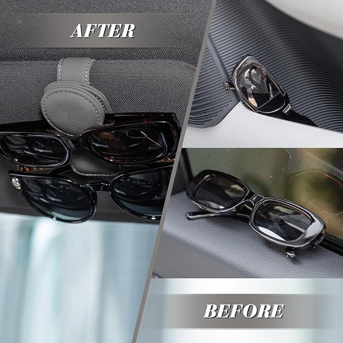 Konohan Sunglasses Holder for Car Visor Leather Eyeglass Hanger Magnetic Sunglasses Holder with 2 Clips(Light Gray)