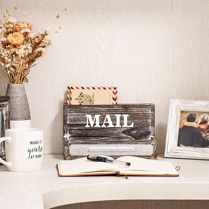 OKSQW Farmhouse Wood Desktop Desk Mail Organizer with 2-Slot Desktop Mail Sorter Holder File Organizer Bill Paper Folder Office Desk Accessories Rustic Office Supplies Home Decor
