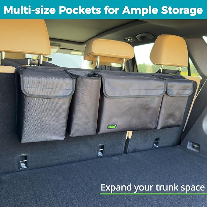 PIDO Hanging Trunk Organizer, Backseat Trunk Organizer for SUV, Hanging Car Storage Bag with Large Pockets for Sedan, Truck, Van, Upgraded Premium 1680D Oxford, Space Saving Car Interior Accessory