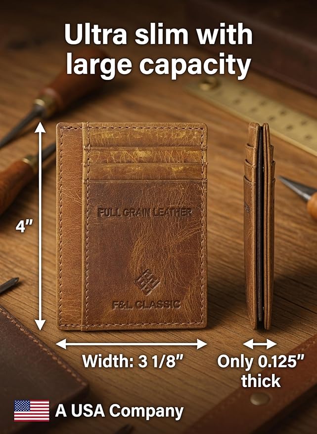 F&L CLASSIC Slim Minimalist Front Pocket leather card holder wallet, for men and women, RFID Blocking, light brown,10-03