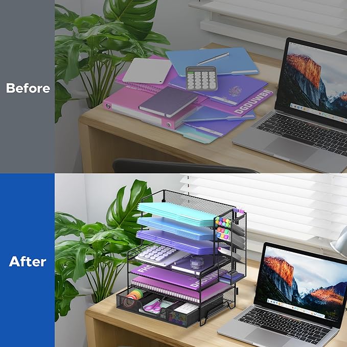 4 Tier Desk Organizer + 3 Tier File Holder + 4 Pen Holders + Drawer, 7 Tier Desk File Organizers, Desk Organizers and Accessories for Office Home School, Black