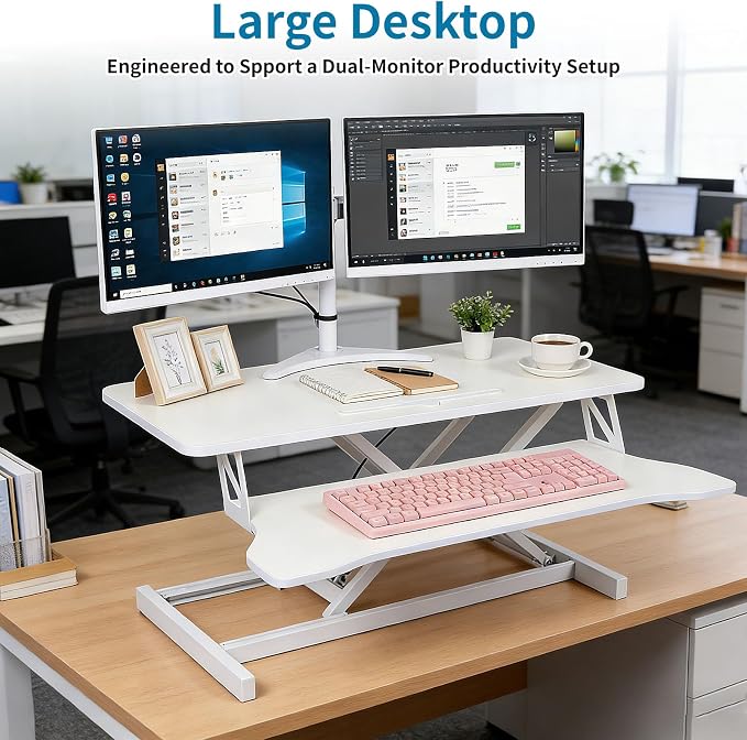 Standing Desk Converter, Height Adjustable Sit to Stand Riser, Dual Monitor and Laptop Workstation with Wide Keyboard Tray, Desk Lifter for Home Office