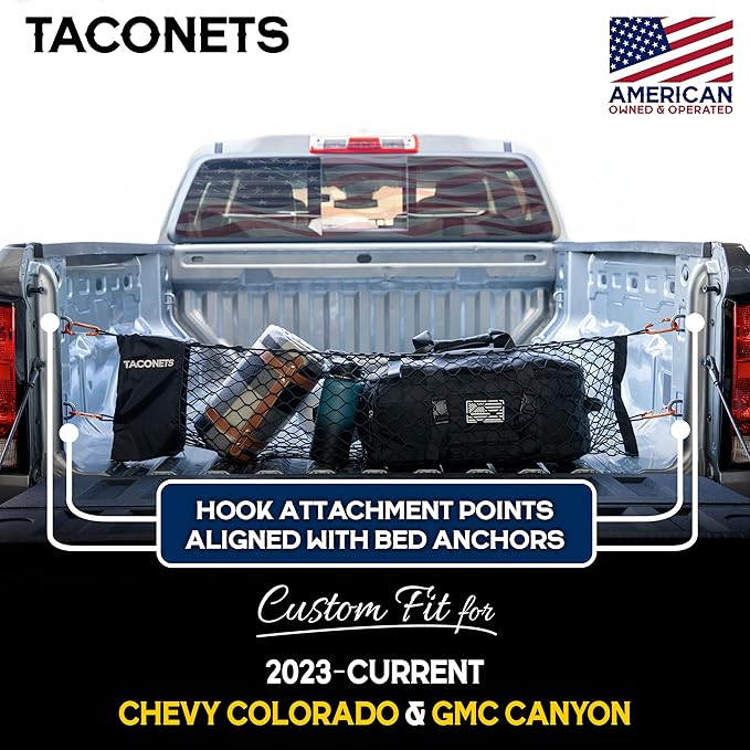 TacoNets Envelope Cargo Net for Colorado/Canyon - Fits 2023-Current - Upgraded 5mm Bungee - Integrated Storage Bag - Heavy Duty Carabiners - Designed in USA