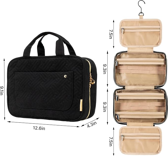 Carrywell Travel Toiletry Bag for Women with Hanging Hook, Makeup Organizer Case, Water-Resistant Cosmetic Bag For Full-size Containers, Toiletries, Black Large+, Not Made In China