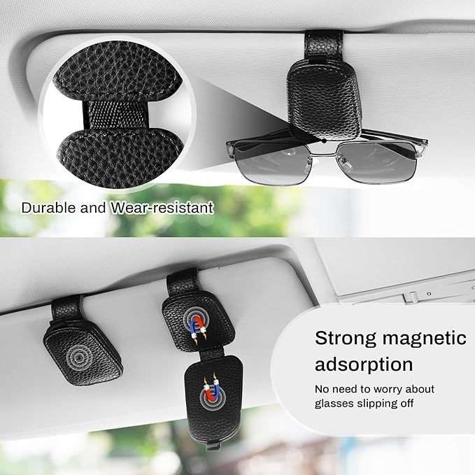 SINGARO Sunglasses Holder for Car, Leather Magnetic Buckle Sun Visor Sunglass Clip, Ticket Card Storage Glasses Clip, Car Interior Accessories for Men and Women（2PCS Black）