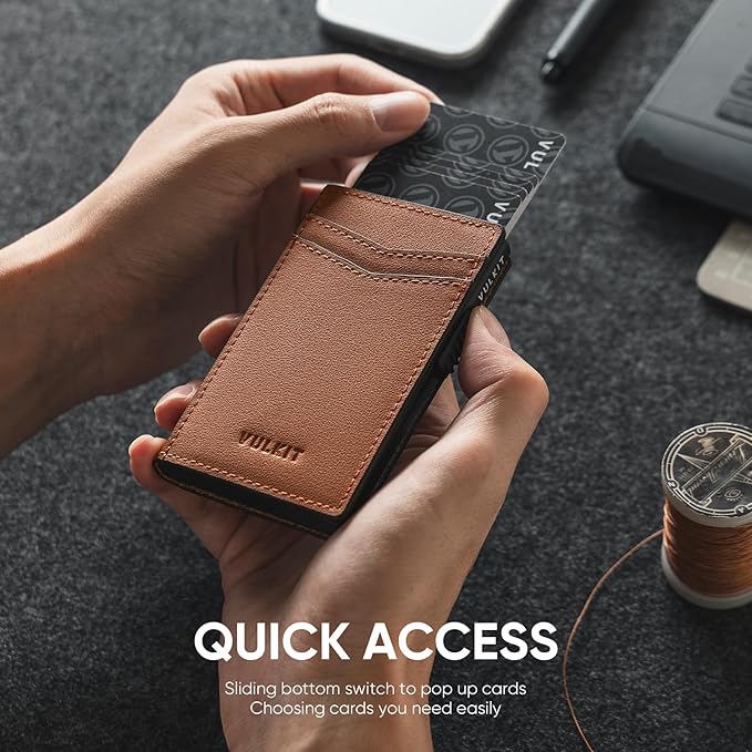 VULKIT Men's Slim Wallets Pop Up Card Holder RFID Blocking Metal Wallet Minimalist Design Holds Up to 11 Cards